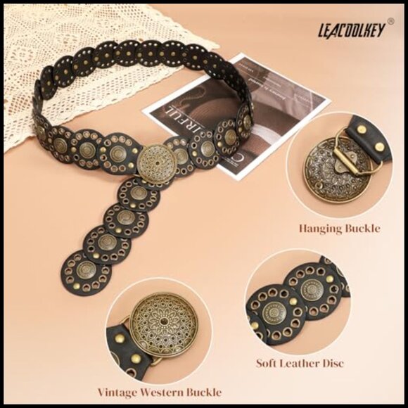 Western Concho Belt Vintage Boho Adjustable Waist Belt Y2K Chic Retro Style - Picture 5 of 7